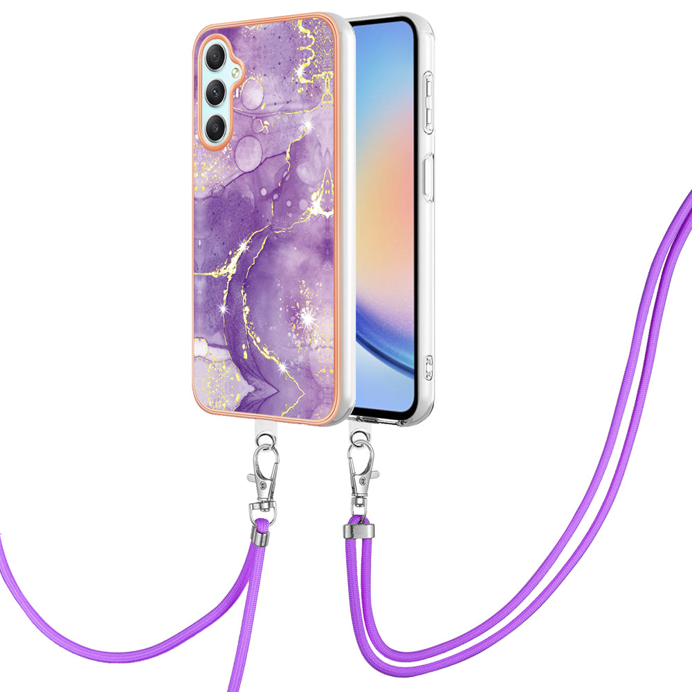 YB IMD Series-9 Marble Pattern Phone Case for Samsung Galaxy A24 4G IMD Electroplating TPU Cover with Lanyard - Purple 002 YB IMD Series-9 Marble Pattern Phone Case for Samsung Galaxy A24 4G IMD Electroplating TPU Cover with Lanyard - Purple 002